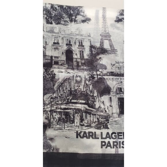 NWT KARL LAGERFELD PARIS LANDSCAPE PRINT LOGO BLACK GREY SQUARE OVERSIZED WRAP - Picture 4 of 5